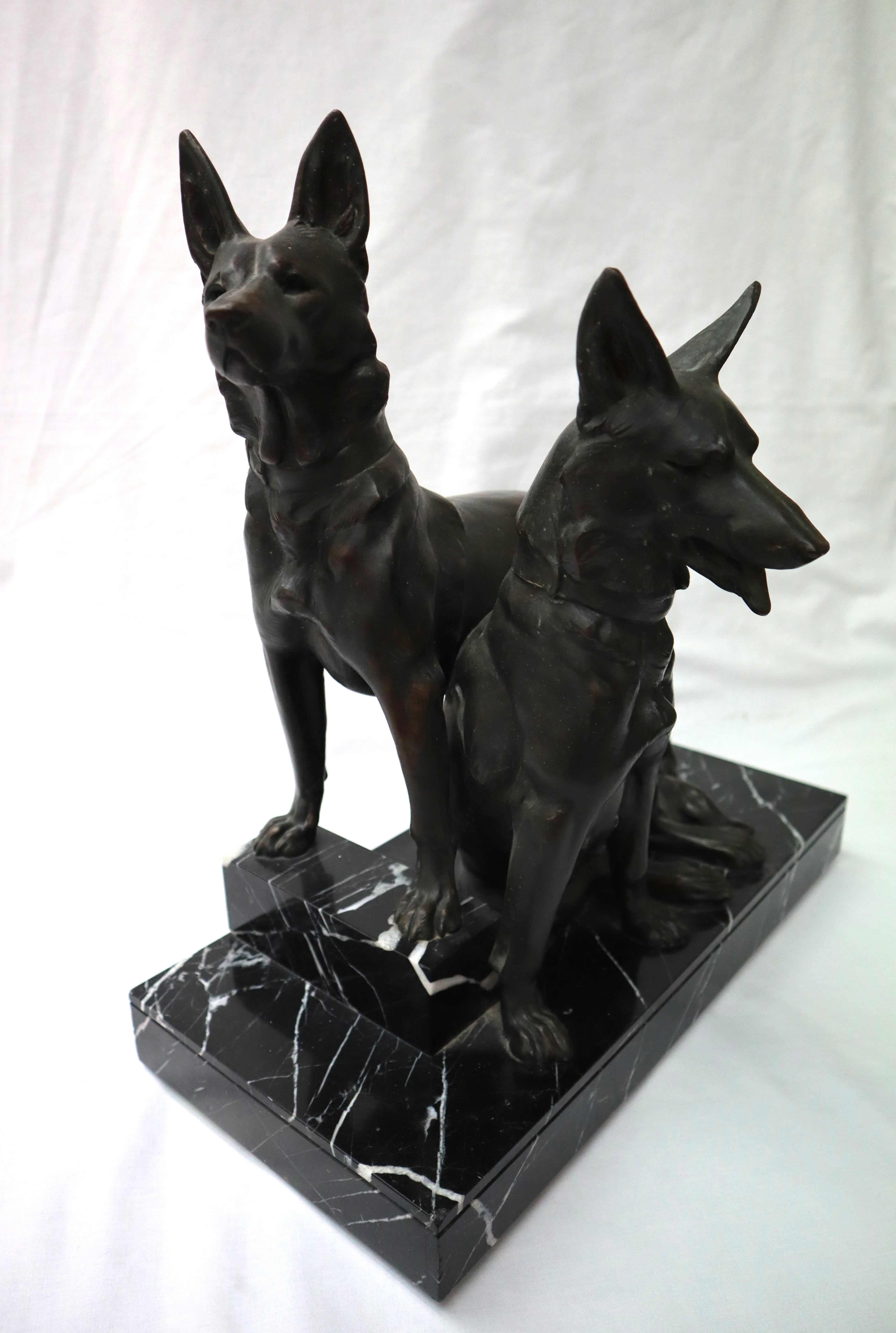 In the style of Plagnet Two German Shepherds On a veined marble base Bears a signature 42cm high x - Image 2 of 8