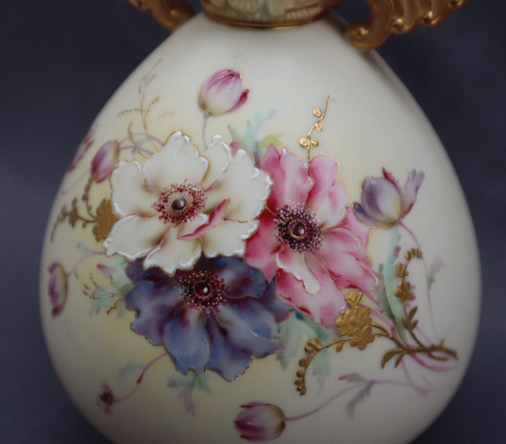 A Royal Worcester porcelain twin handled vase with a flared neck and scrolling handles, - Image 2 of 7