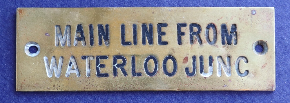 Railwayana - A brass signal box shelfplate "MAIN LINE FROM WATERLOO JUNC",