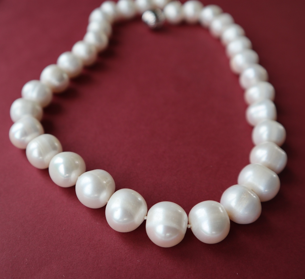 A cultured pearl necklace set with large barrel shaped pearls to a 9ct white gold concertina style - Bild 3 aus 4