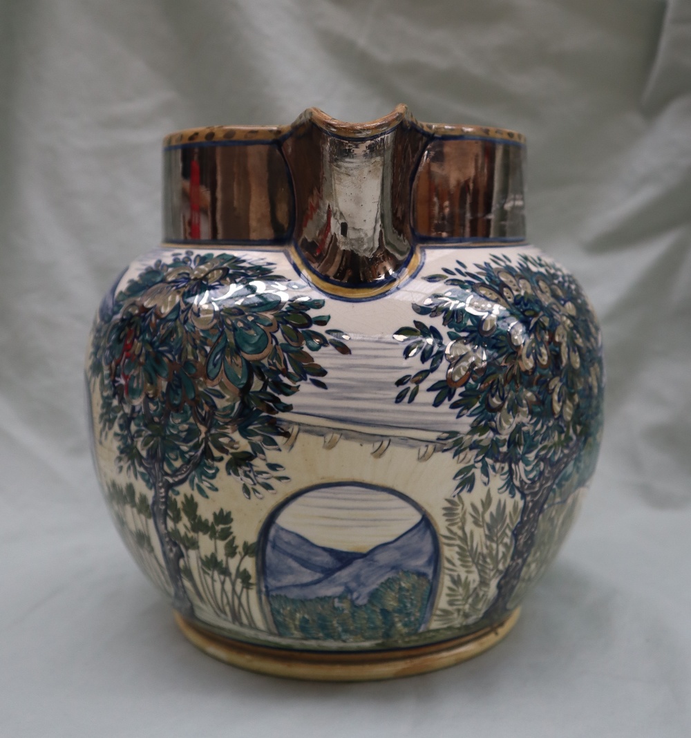 A 19th Century pottery jug decorated with a viaduct, trees and cattle with silver lustre highlights, - Image 2 of 8