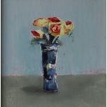 Mhairi McGregor Blue and white vase Oil Signed 33 x 33cm Artist and The Albany Gallery labels
