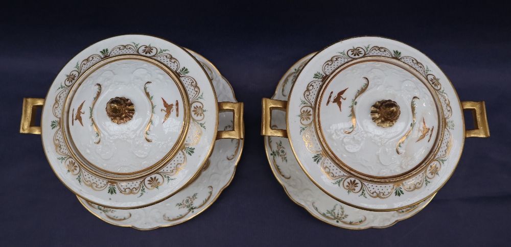 A pair of Swansea porcelain sauce tureens, covers and stands, with moulded lids and borders, - Image 2 of 12