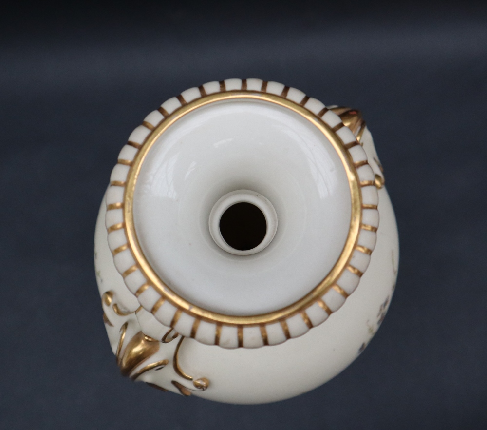 A large Royal Worcester twin handled vase with a flared rim and scrolling handles, - Image 6 of 7