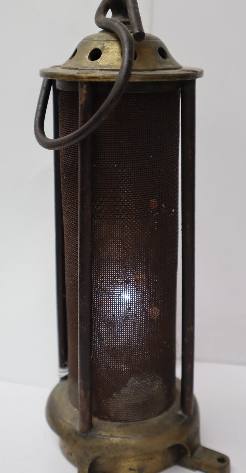 A brass Davy Miners lamp with a domed brass top and mesh screen, with glass interior, - Image 10 of 12