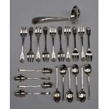 A set of ten George V silver fiddle shell and line decorated dessert forks, London, 1911,