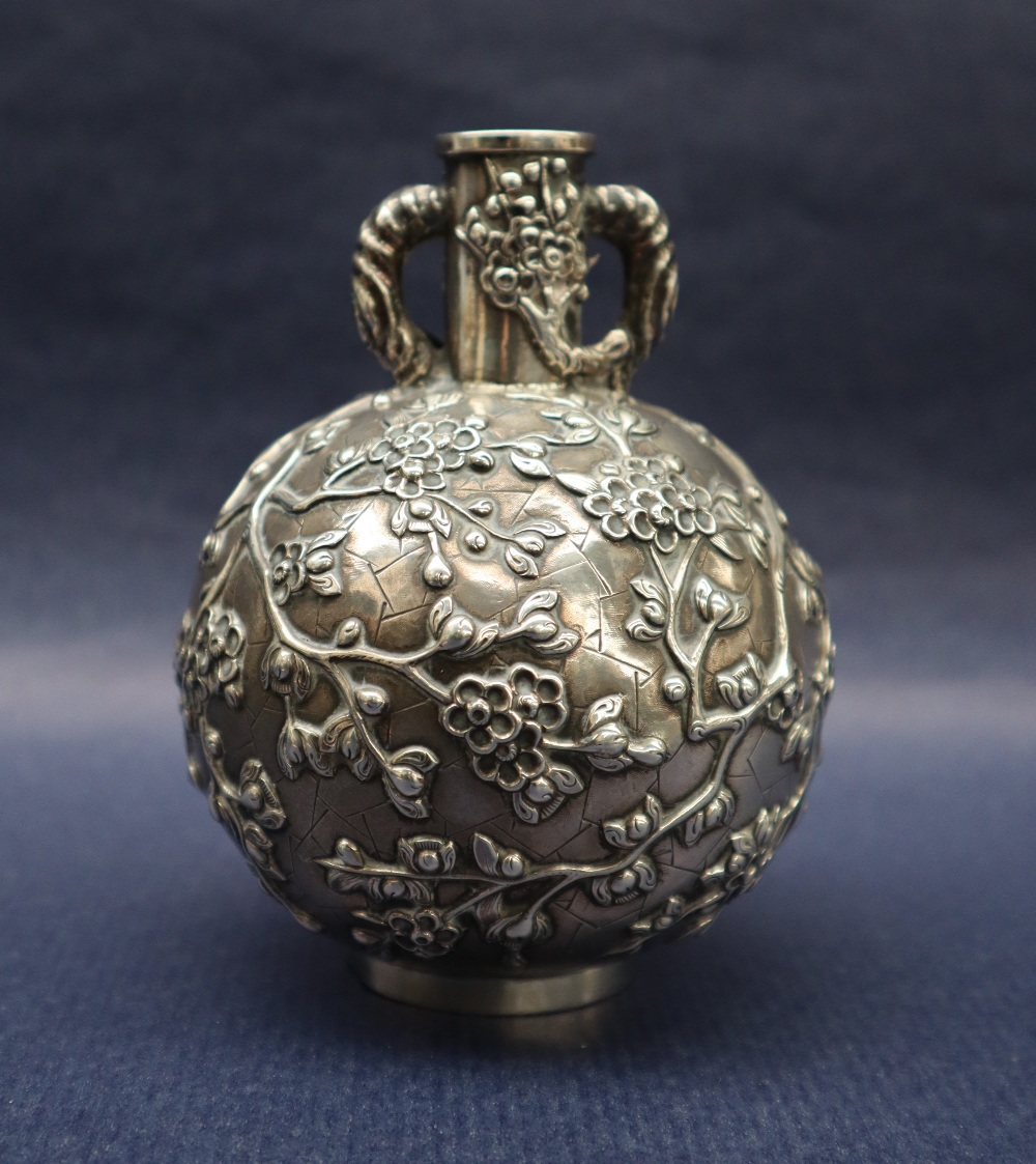 A Chinese white metal twin handled vase decorated with prunus blossom, marked to the base, - Image 3 of 7