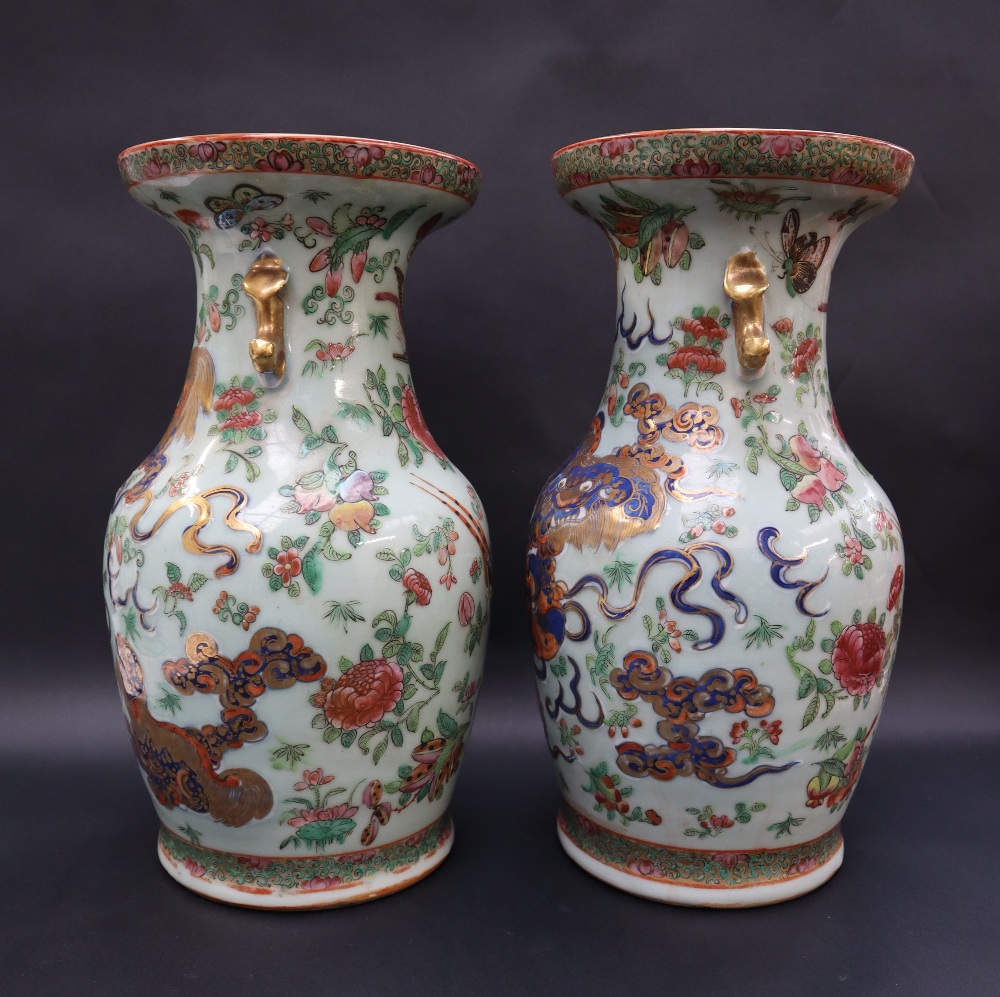 A pair of Cantonese porcelain vases, decorated with a lion dog and ball, - Image 5 of 9