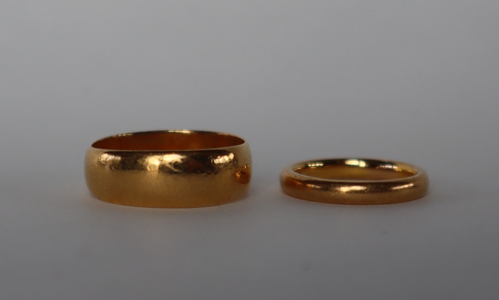 Two 22ct yellow gold wedding bands, sizes O and J, - Image 2 of 2