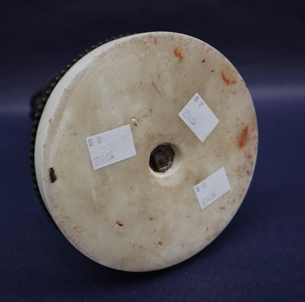 A bronze figure of Joan of Arc, with head bowed clutching a sword, on a circular marble base, 27. - Image 8 of 8