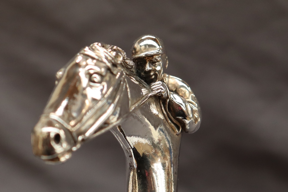A continental silver topped walking stick, the handle in the form of a race horse head and jockey, - Image 13 of 17