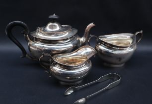 A George V silver three piece tea set of oval form, Sheffield, 1923, Martin Hall & Co Ltd,