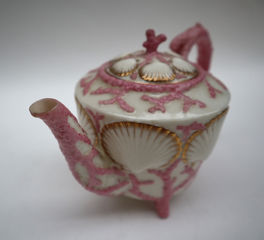 A Victorian Belleek shell and coral bachelor part tea set comprising a tea pot, cream jug, - Image 8 of 11