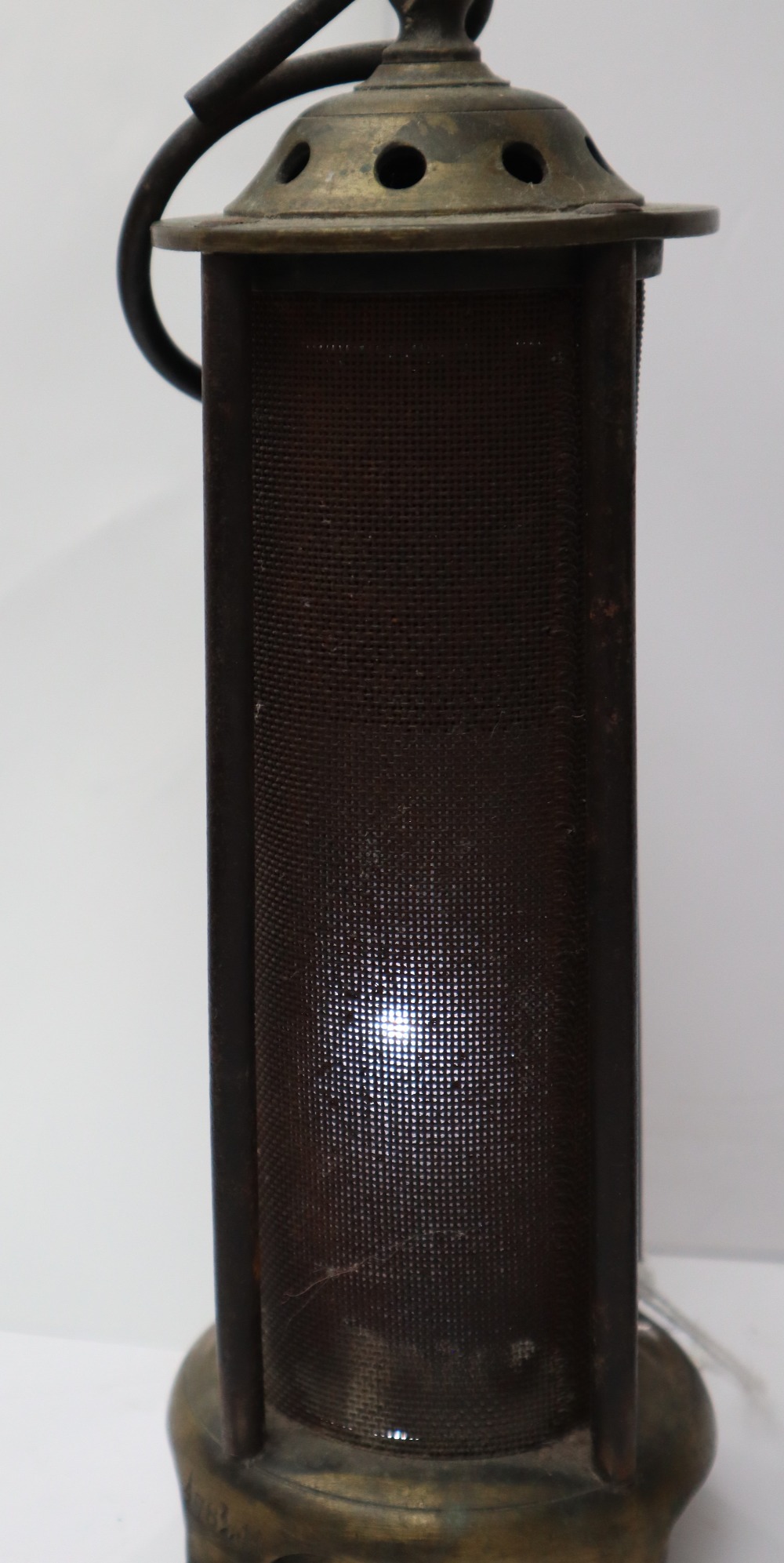 A brass Davy Miners lamp with a domed brass top and mesh screen, with glass interior, - Image 9 of 12