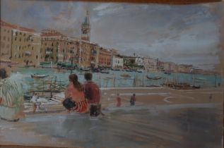 John Linfield Venice - The view from Santa Maria Della salute steps Watercolour Signed and label