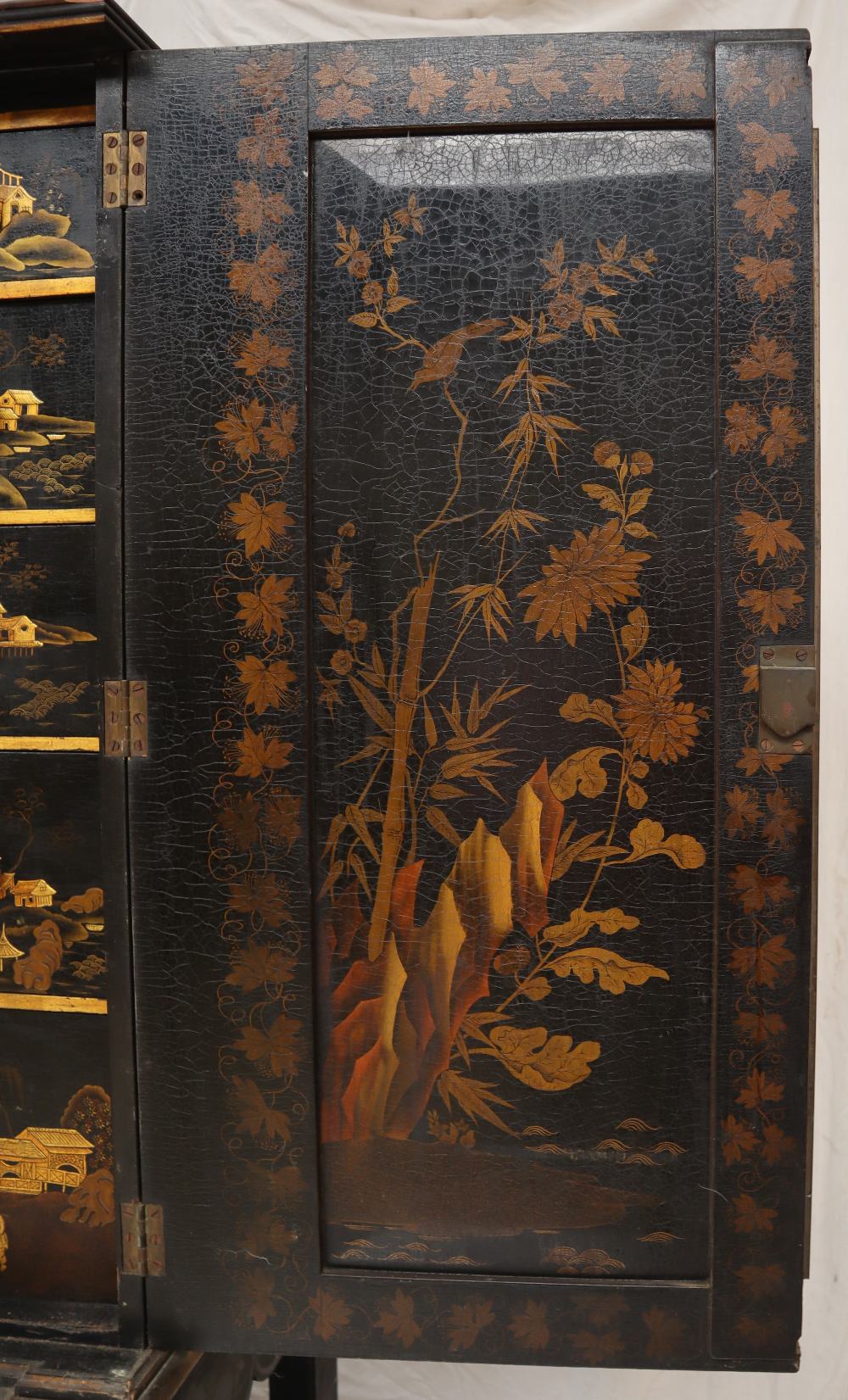 A 19th century Japanned cabinet on stand with Chinoiserie decoration of dignitaries in a landscape, - Image 8 of 12