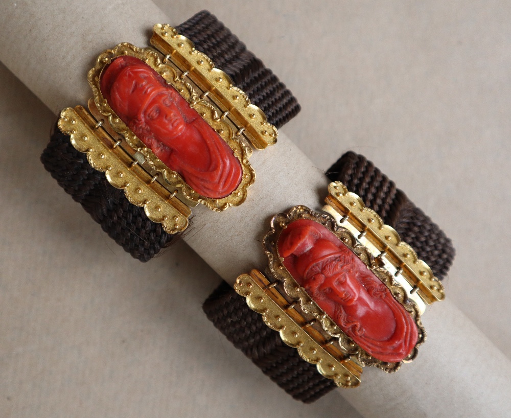 A pair of Victorian yellow metal, carved coral and plaited hair mourning bracelets, - Image 2 of 6