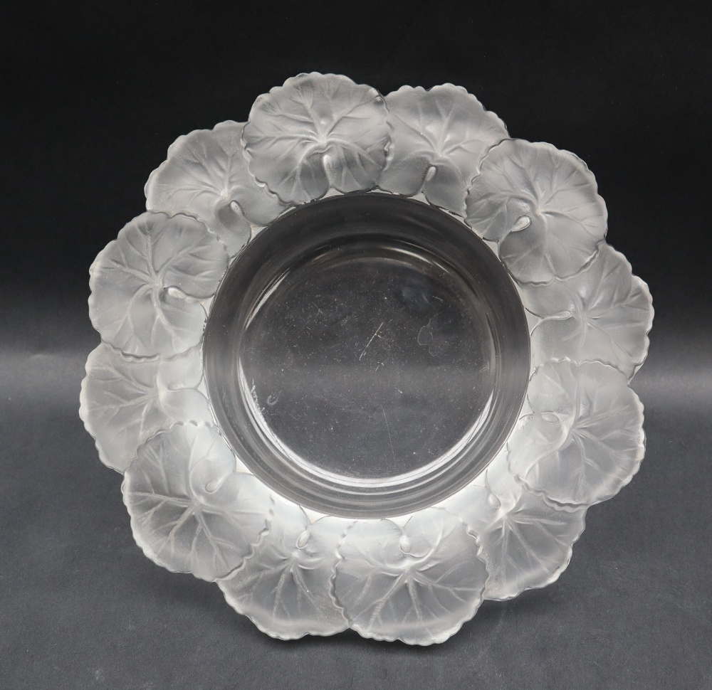 A Lalique Honfleur leaf pattern bowl, etched signature,