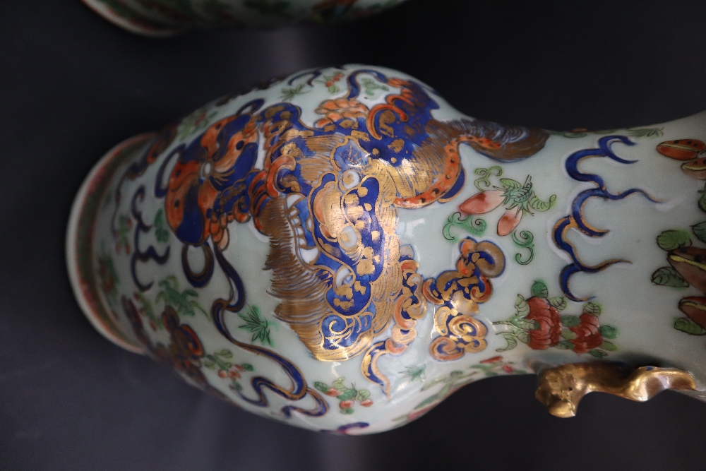 A pair of Cantonese porcelain vases, decorated with a lion dog and ball, - Image 6 of 9