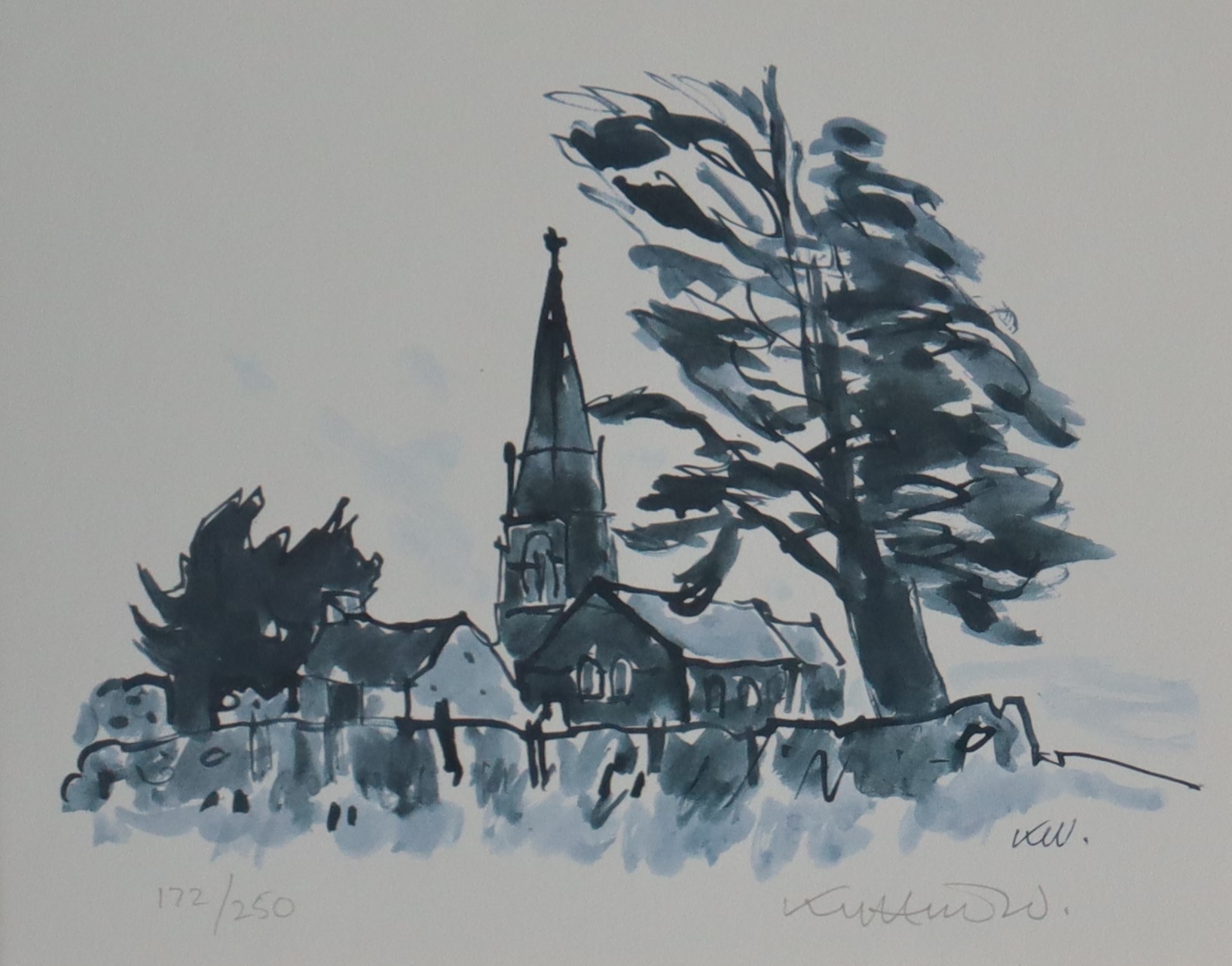 Sir Kyffin Williams Anglesey church with Spire and tree A limited edition print, No.