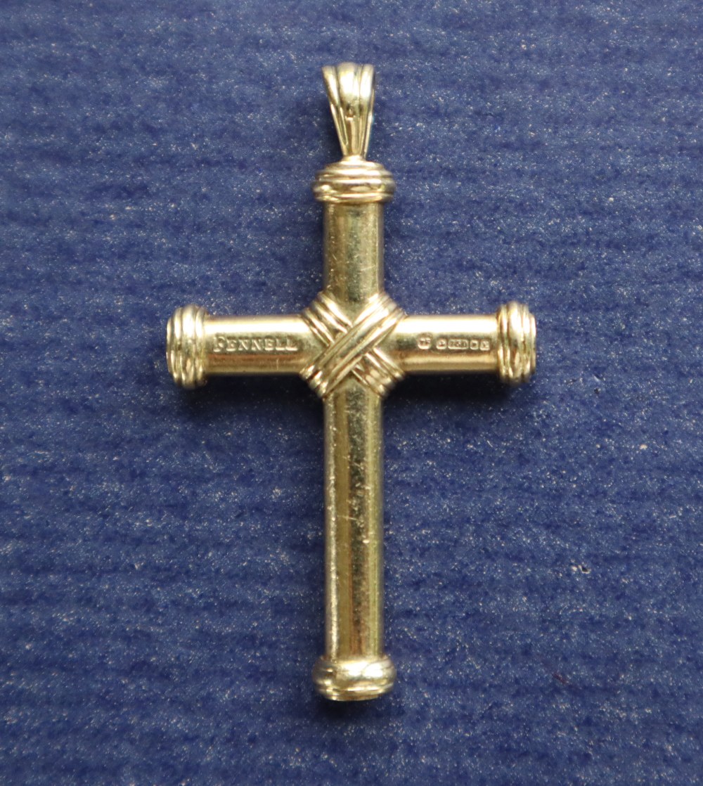 A Theo Fennel 18ct yellow gold cross pendant with rope twist decoration, 45mm x 25mm, - Image 4 of 4