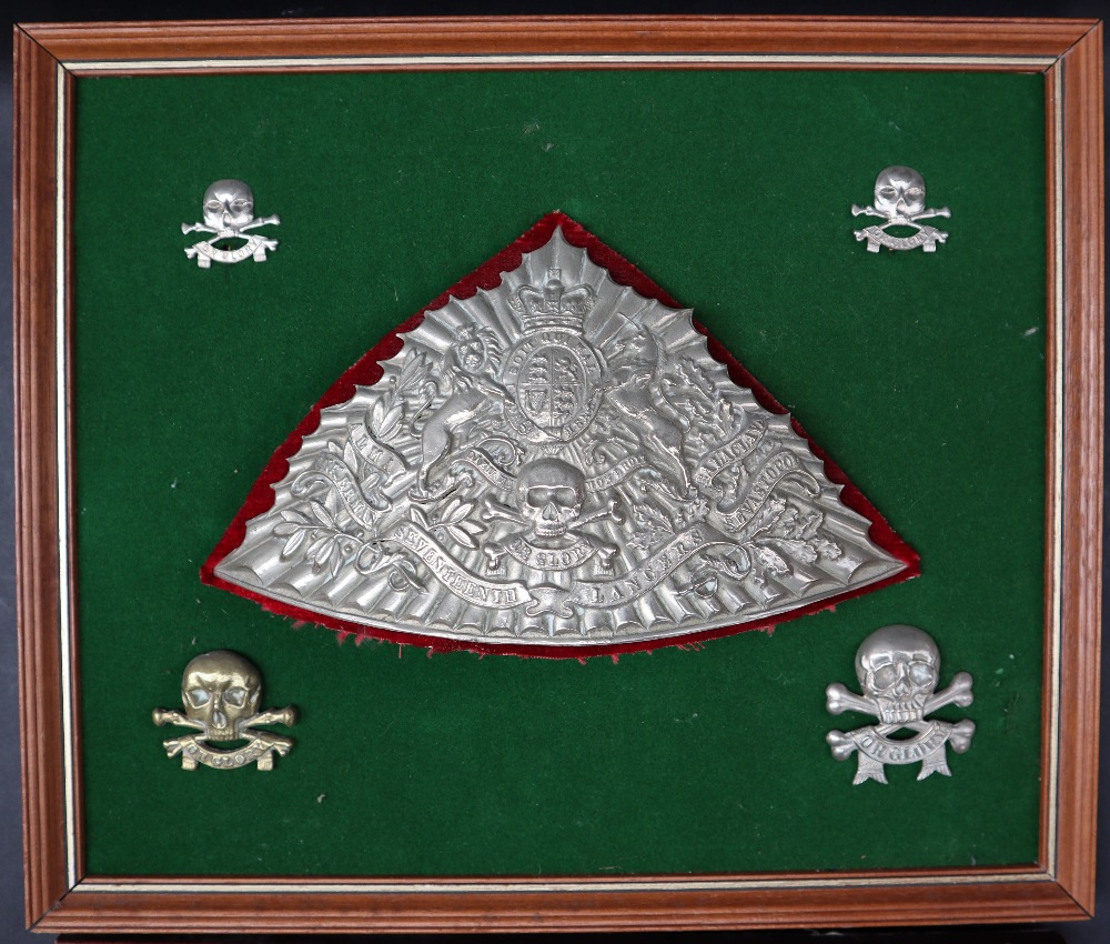 A reproduction 17th Lancers Lance Cap plate mounted with Or Glory cap badges together with a - Image 2 of 4