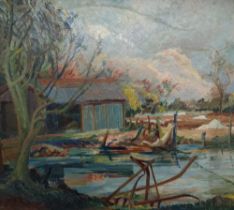 Ray Howard Jones Spring in East Anglia Oil on board 44 x 49cm Label verso ***Artists resale rights