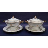 A pair of Swansea porcelain sauce tureens, covers and stands, with moulded lids and borders,