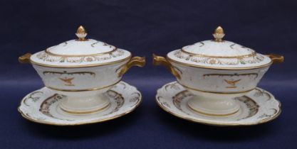 A pair of Swansea porcelain sauce tureens, covers and stands, with moulded lids and borders,