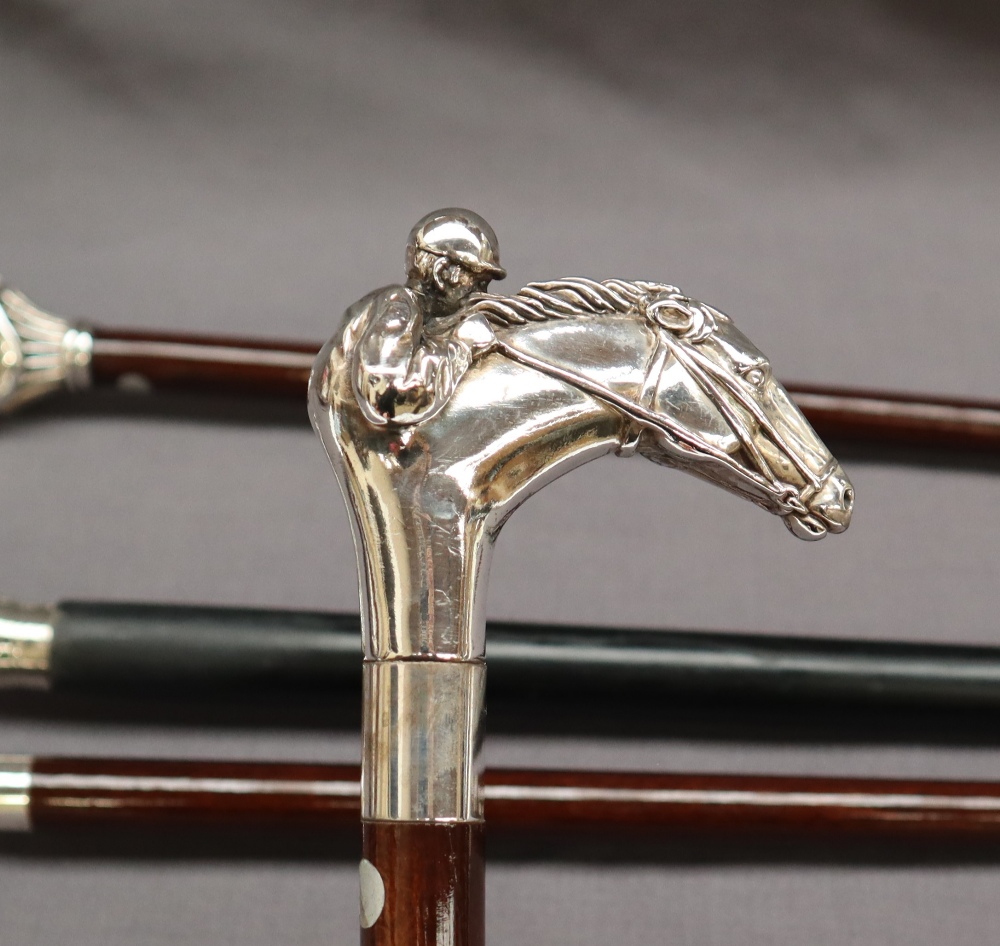 A continental silver topped walking stick, the handle in the form of a race horse head and jockey, - Image 8 of 17