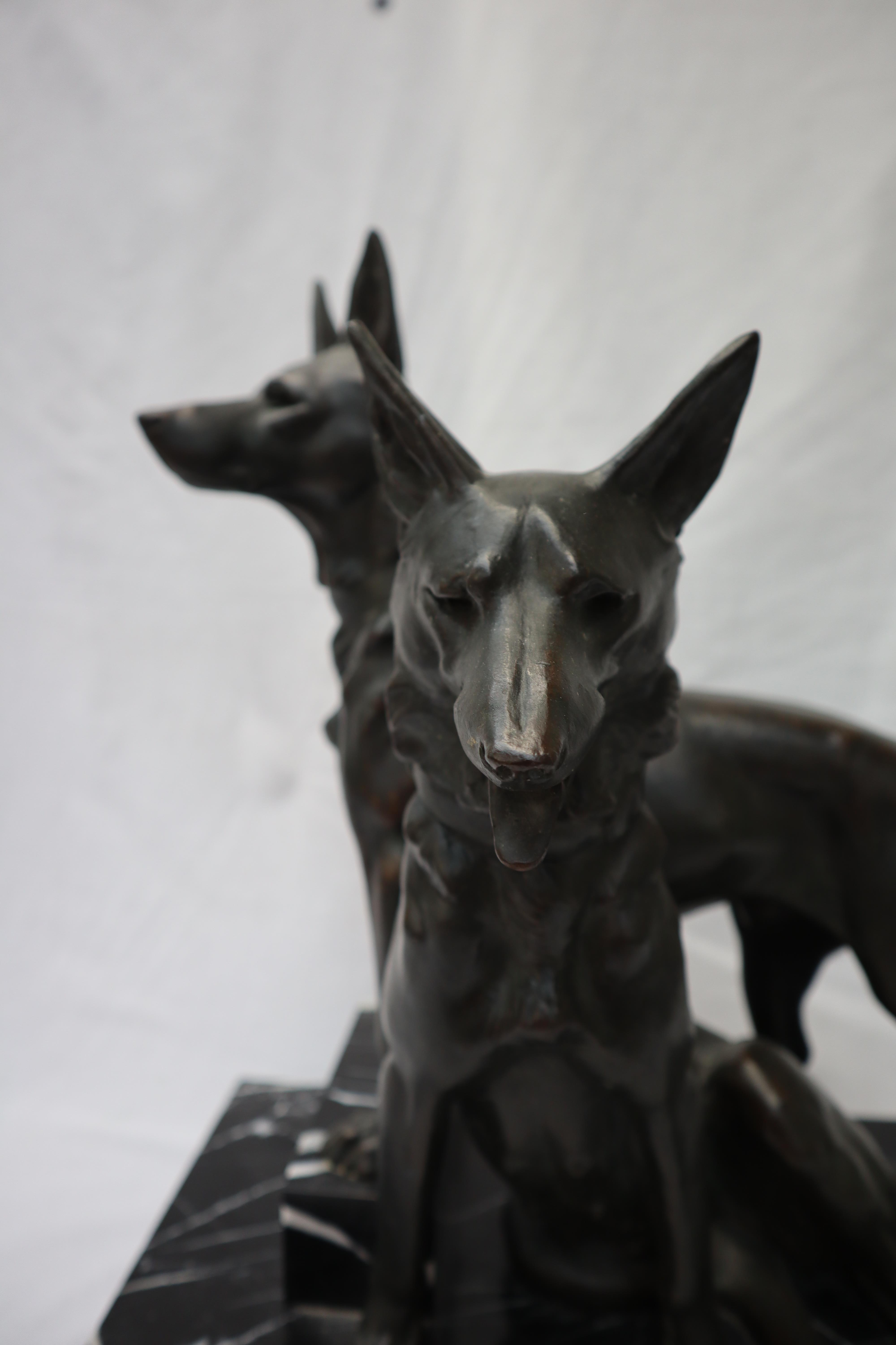 In the style of Plagnet Two German Shepherds On a veined marble base Bears a signature 42cm high x - Image 7 of 8