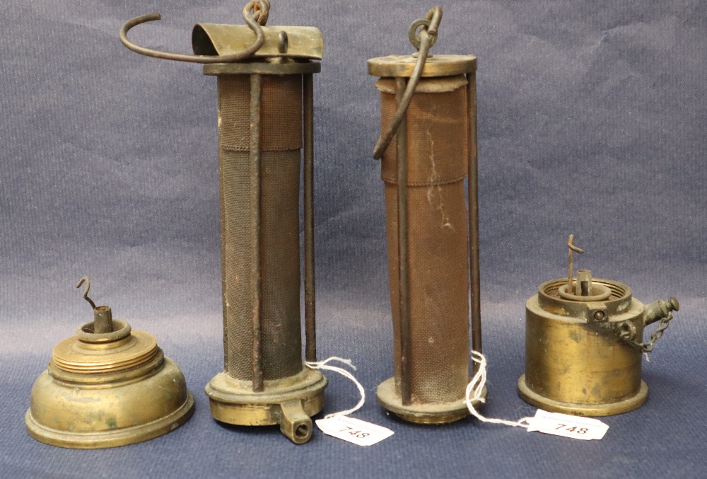 A 19th century brass Davy lamp, with an arched top and gauze shield on a screwed on brass base, 24. - Image 7 of 12