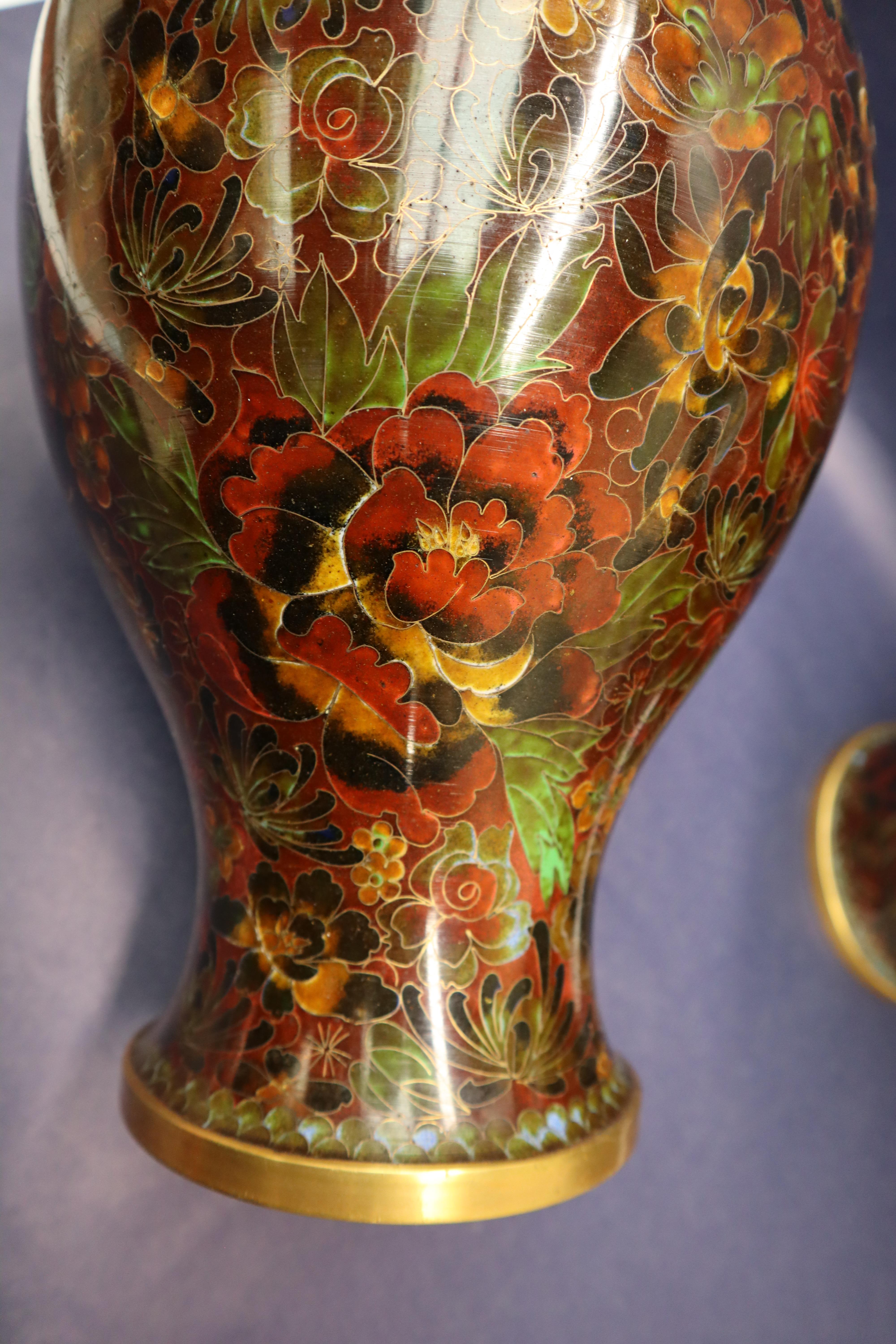 A pair of Japanese cloisonne baluster vases, decorated with flowers and leaves to a brown ground, - Image 6 of 10