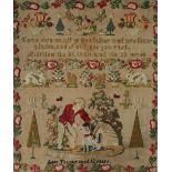 A 19th century woolwork sampler with a flower and leaf border with overall decoration of a cottage,
