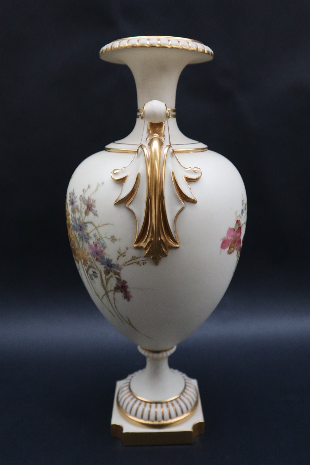 A large Royal Worcester twin handled vase with a flared rim and scrolling handles, - Image 5 of 7