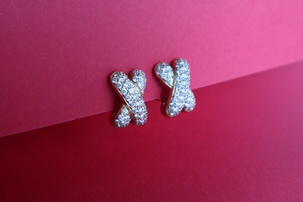 A pair of 18ct yellow gold diamond set cross earrings, - Image 2 of 4
