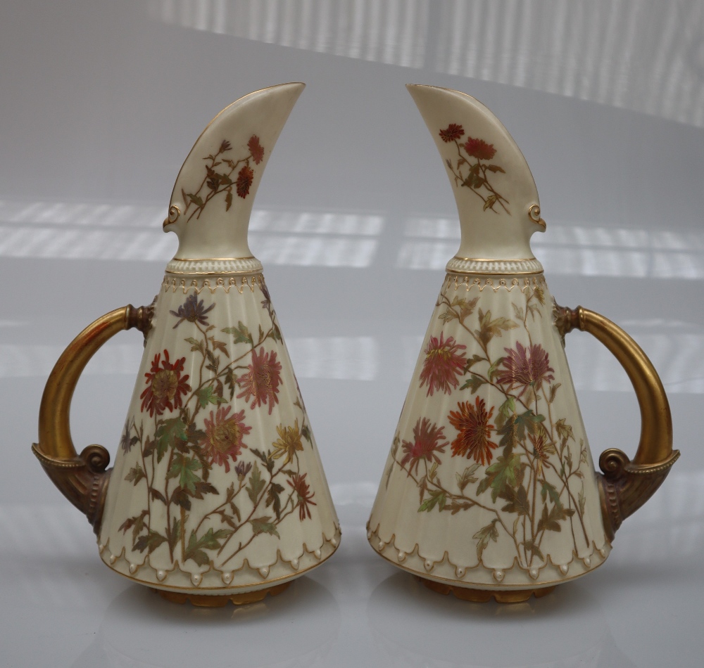 A pair of Royal Worcester porcelain ewers decorated with flowers and leaves number 1361 together - Image 2 of 11