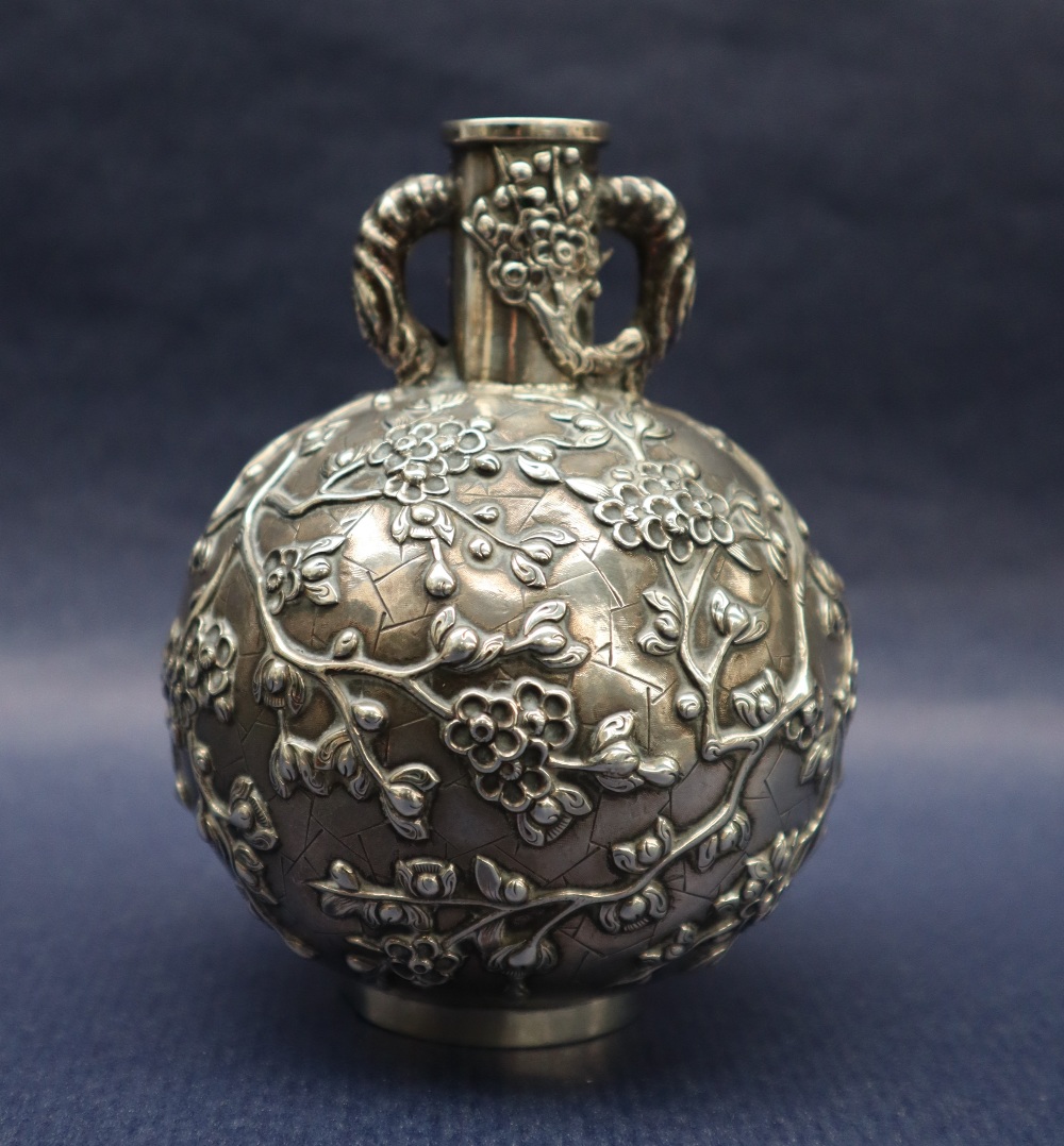 A Chinese white metal twin handled vase decorated with prunus blossom, marked to the base, - Image 4 of 7