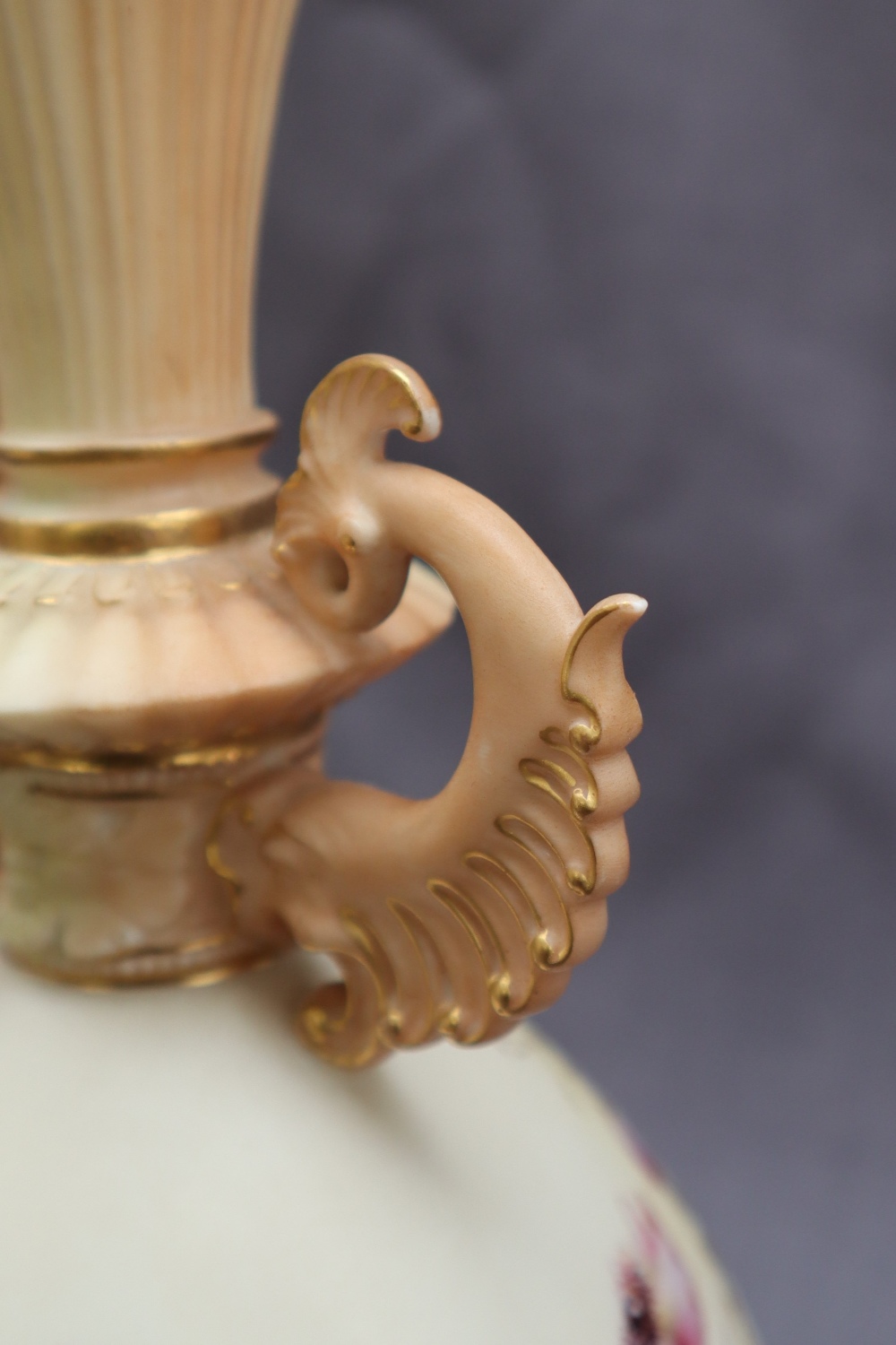 A Royal Worcester porcelain twin handled vase with a flared neck and scrolling handles, - Image 5 of 7