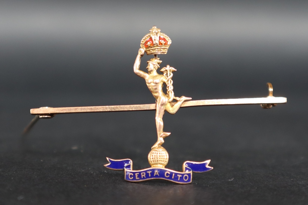 A 9ct gold Sweetheart brooch for the Royal Signal Corps depicting Mercury holding a crown, - Image 2 of 3