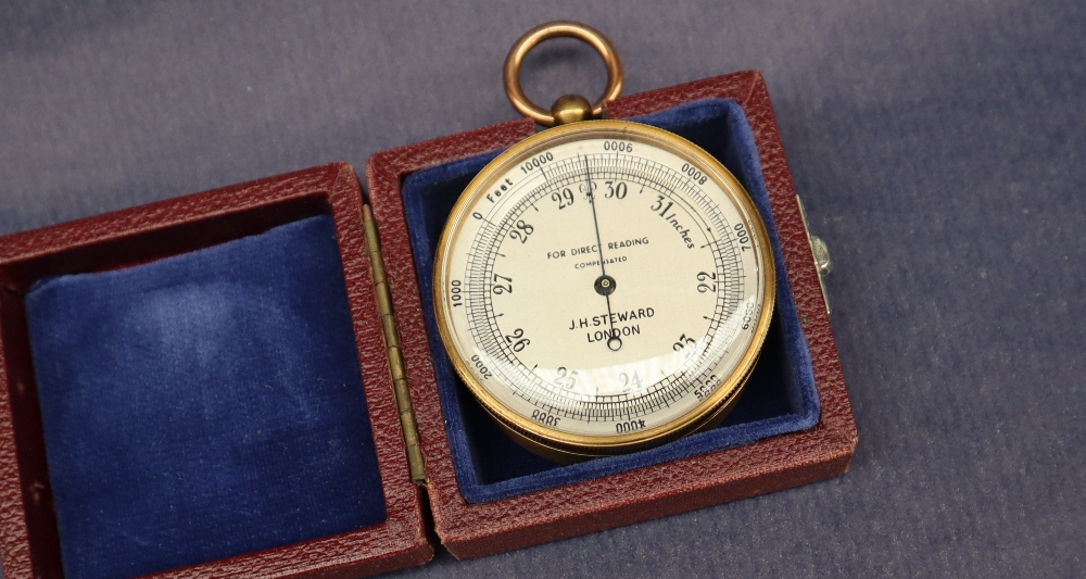 A J H Steward pocket barometer, in a cylindrical brass case,