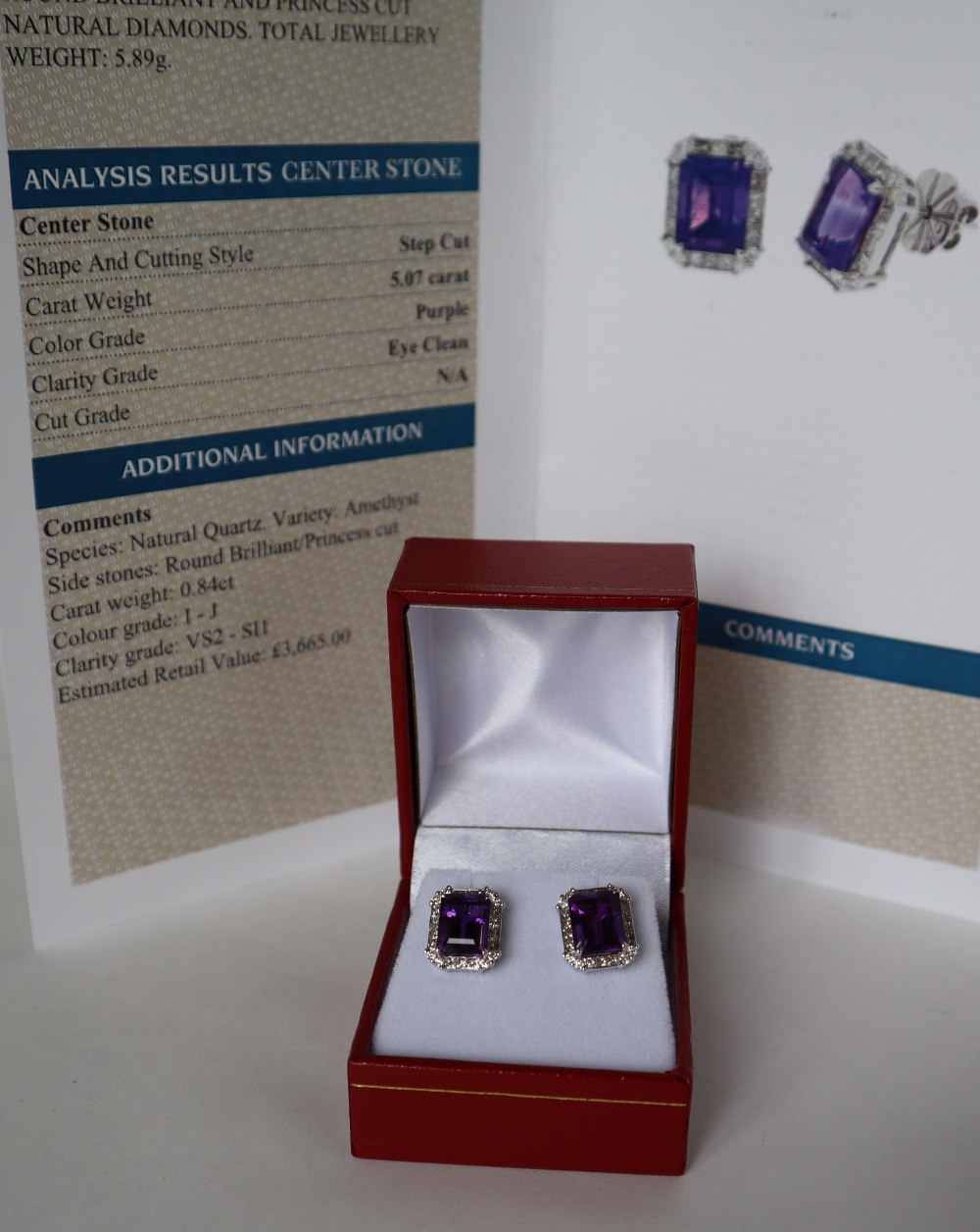 A pair of amethyst and diamond earrings each set with a step cut amethyst surrounded by twenty two - Image 4 of 6