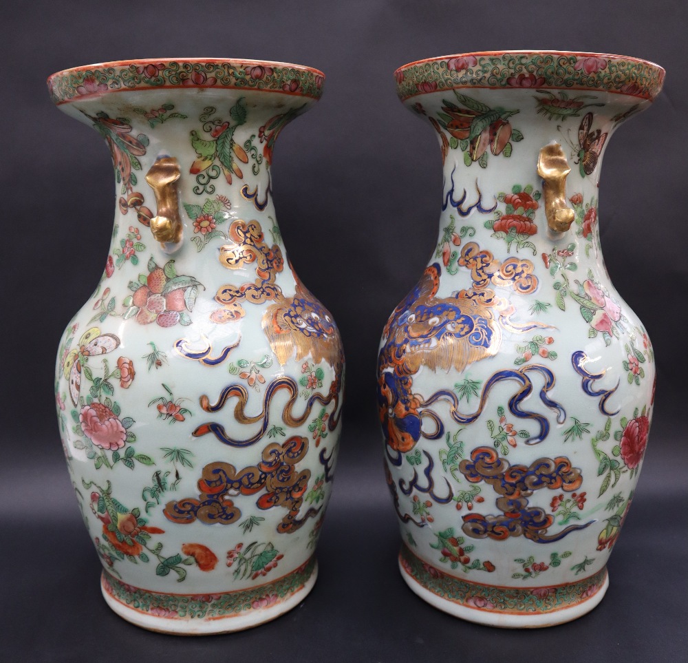A pair of Cantonese porcelain vases, decorated with a lion dog and ball, - Image 3 of 9