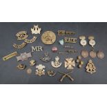 A collection of brass military cap badges including South Africa CINF, RAOC, Royal Welsh Fusiliers,