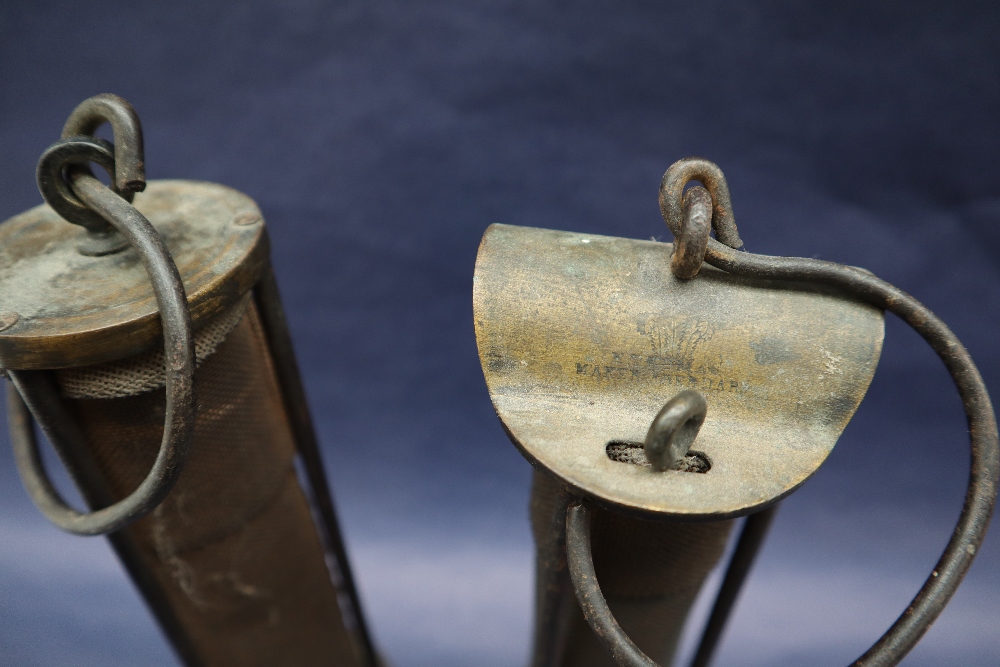 A 19th century brass Davy lamp, with an arched top and gauze shield on a screwed on brass base, 24. - Image 2 of 12