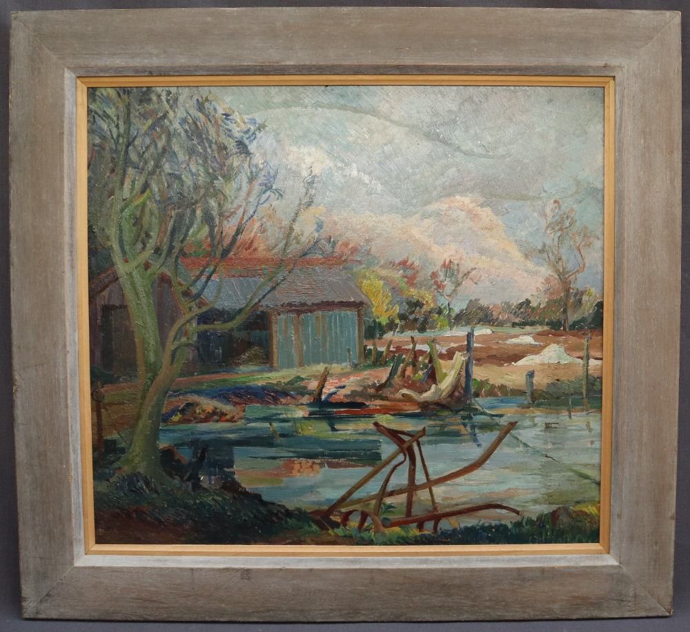 Ray Howard Jones Spring in East Anglia Oil on board 44 x 49cm Label verso ***Artists resale rights - Image 2 of 3