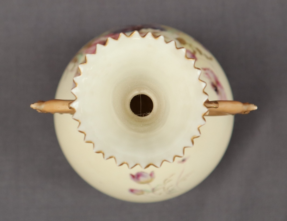 A Royal Worcester porcelain twin handled vase with a flared neck and scrolling handles, - Image 6 of 7