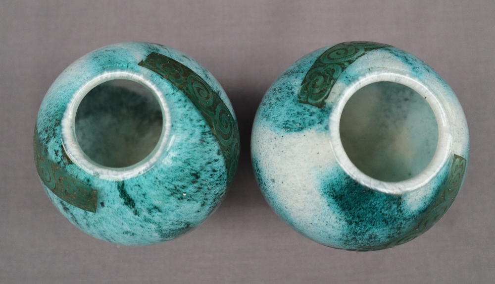 A pair of Legras mottled green glass vases, with etched floral bands, signed, 15. - Image 4 of 6