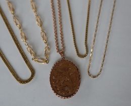 A 9ct gold locket of oval form with a rope twist edge on a 9ct gold chain together with four other