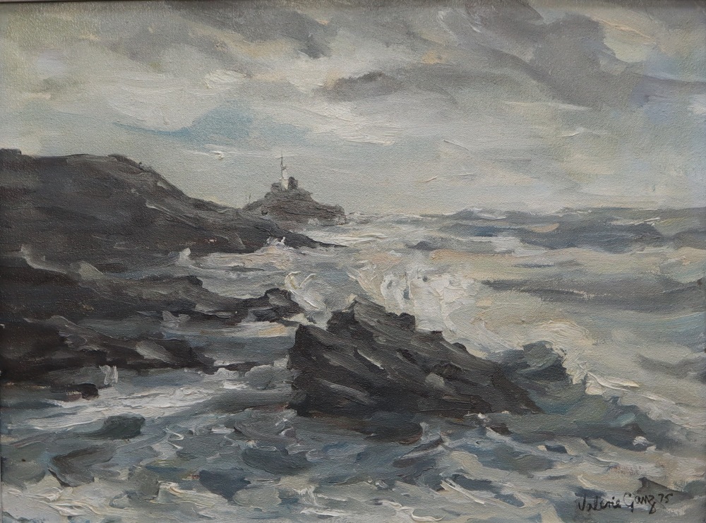 Valerie Ganz Mumbles Lighthouse with a choppy sea in the foreground Oil on canvas Signed and dated